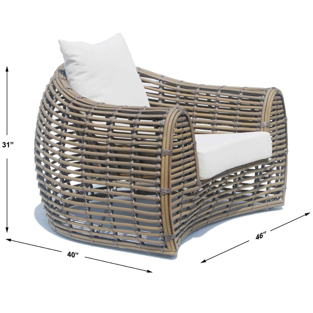 Wicker outdoor chair with white cushions and dimensions on a white background