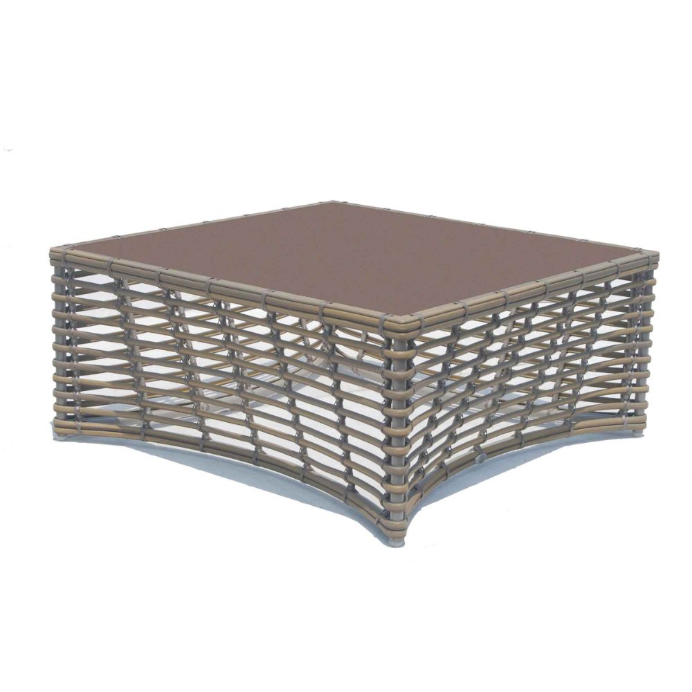 Square outdoor coffee table with woven metal frame and brown top on a white background
