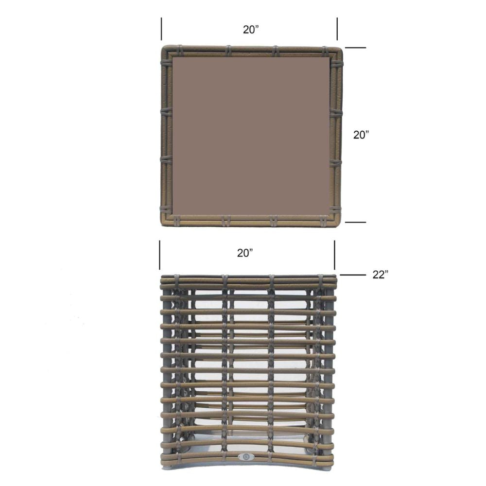 Dimensions of a rectangular woven object with bamboo frame and brown woven surface.