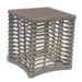 Square side table with woven design on a white background