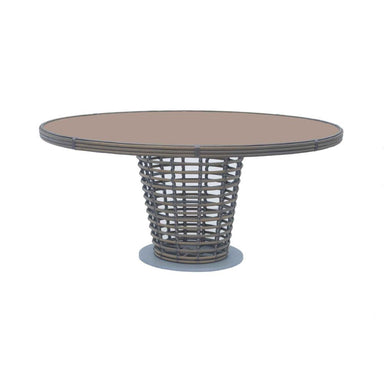 Round outdoor table with wicker base on a white background