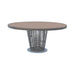 Round outdoor table with wicker base on a white background