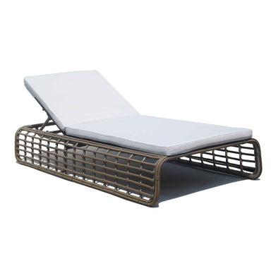 Modern outdoor lounge chair with metal frame and white cushion on a white background