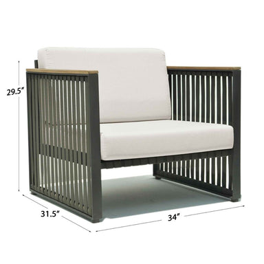 Chair with white cushion and metal frame, shown with dimensions on a white background