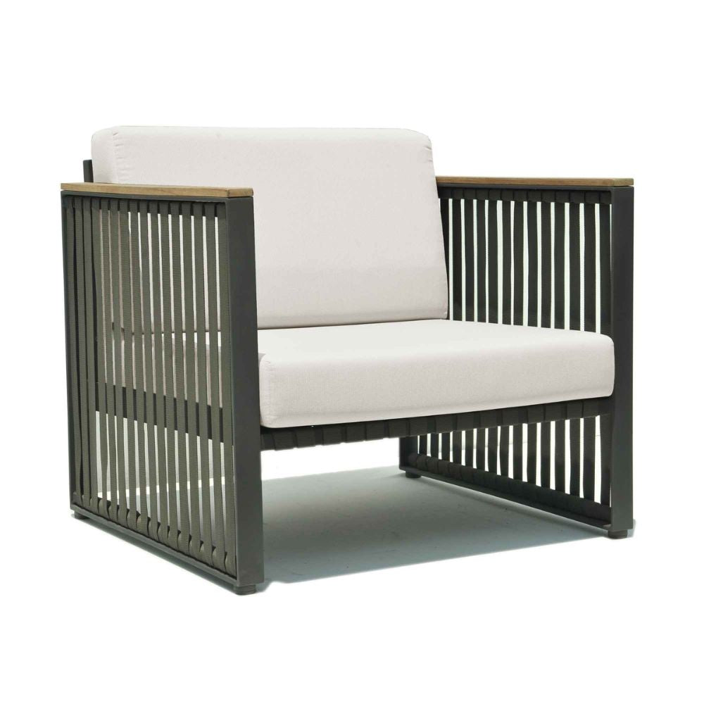 Modern chair with metal frame and white cushion on a white background