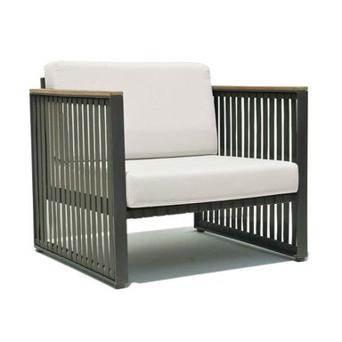 Modern chair with metal frame and white cushion on a white background