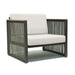 Modern chair with metal frame and white cushion on a white background