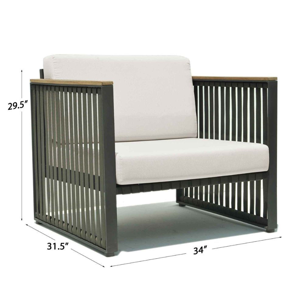 Chair with white cushion and metal frame, shown with dimensions on a white background