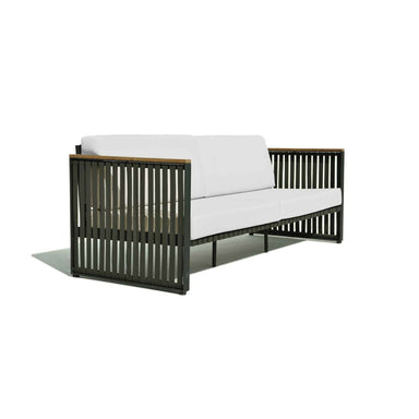 Modern outdoor sofa with white cushions on a white background