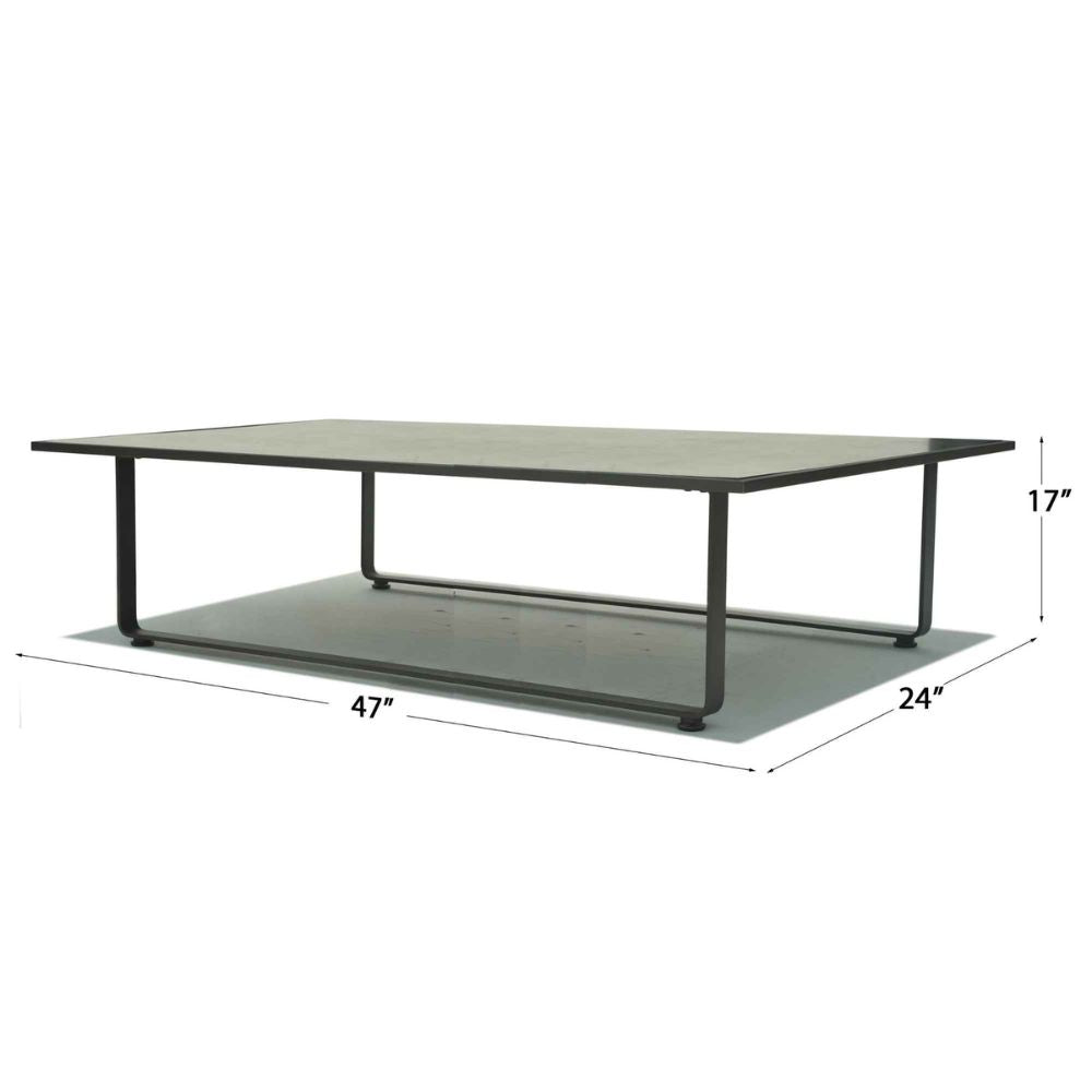 Coffee table with dimensions labeled on a white background