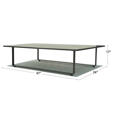 Coffee table with dimensions labeled on a white background