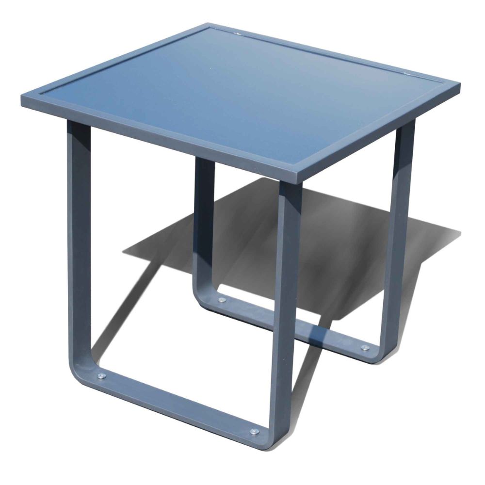 Blue metal side table on a white background