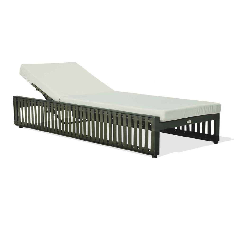 Black outdoor lounge chair with beige cushion on a white background