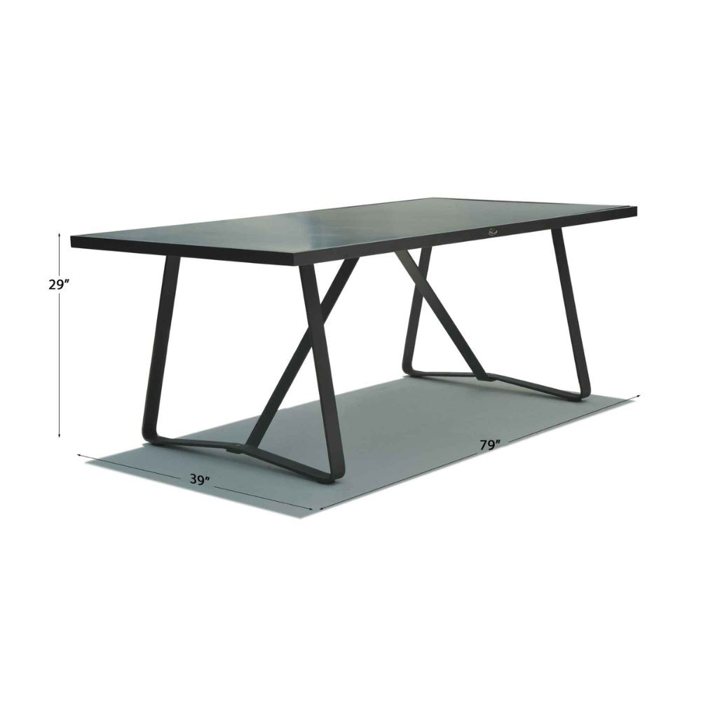 Black metal table with X-shaped legs and dimensions on a white background