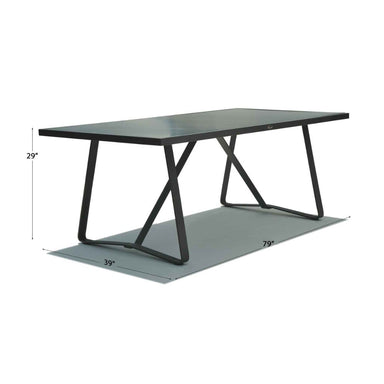 Black metal table with X-shaped legs and dimensions on a white background