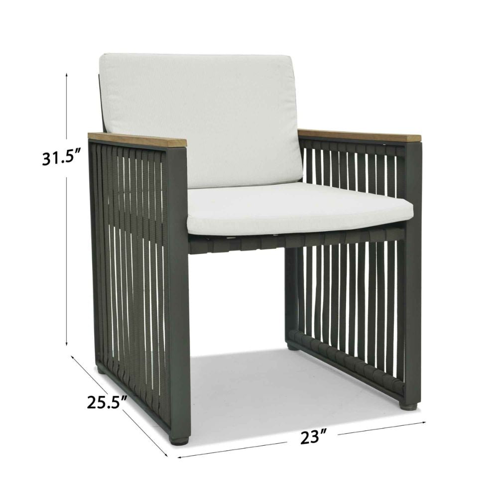 Chair with white cushion and dimensions labeled on a white background