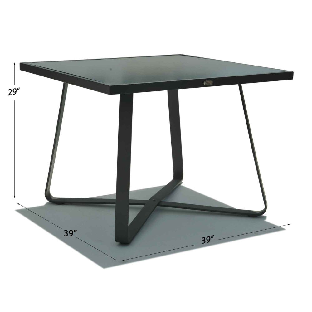 Black square table with dimensions on a white background