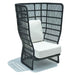Modern chair with black woven frame and white cushion on a white background