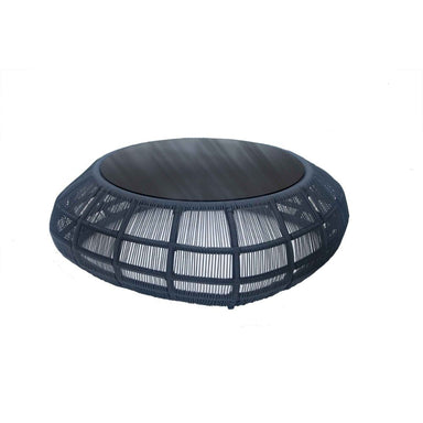 Round outdoor table with black woven top and base on a white background