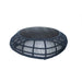 Round outdoor table with black woven top and base on a white background