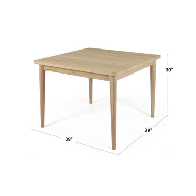 Wooden table with dimensions labeled on a white background