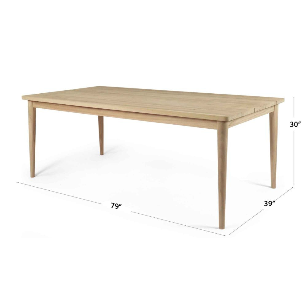 Wooden dining table with dimensions on a white background