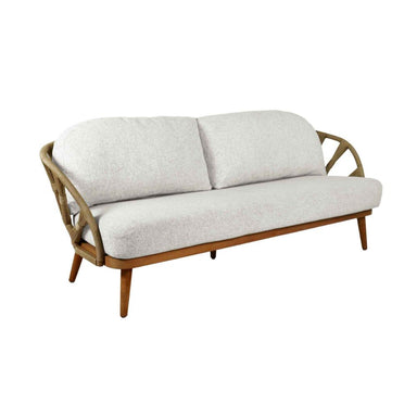 Sofa with wooden frame and light gray cushions on a white background