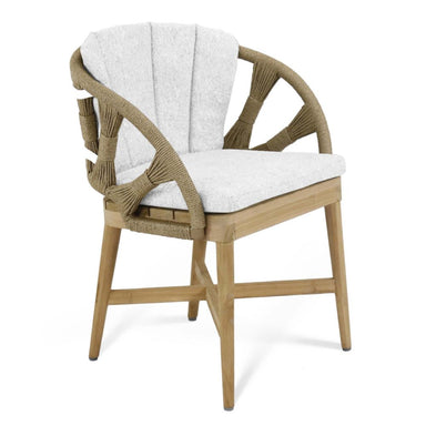 Chair with woven backrest and white cushion on a white background