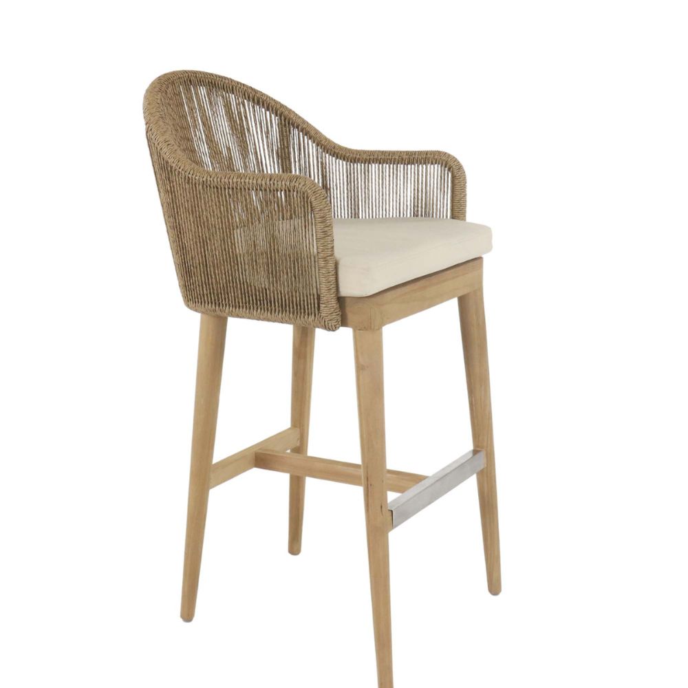 Bar stool with wicker backrest and wooden legs on a white background