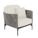Chair with gray woven frame and white cushions on a white background