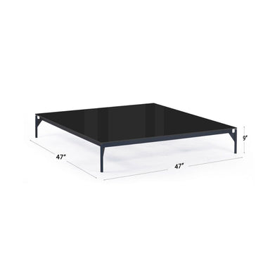 Black metal bed frame with dimensions on a white background