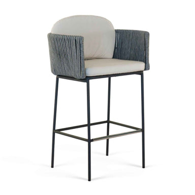 Bar stool with gray woven backrest and white cushion on a white background