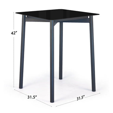 Black glass table with dimensions on a white background