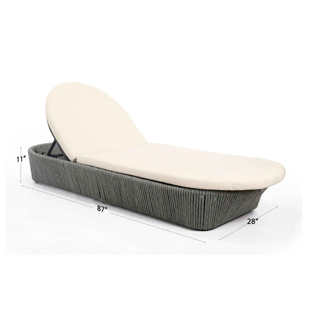 Gray lounge chair with white cushion and dimensions on a white background