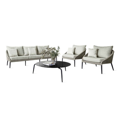Outdoor furniture set with a sofa, two chairs, and a coffee table on a white background