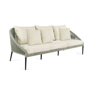 Outdoor sofa with beige cushions on a white background