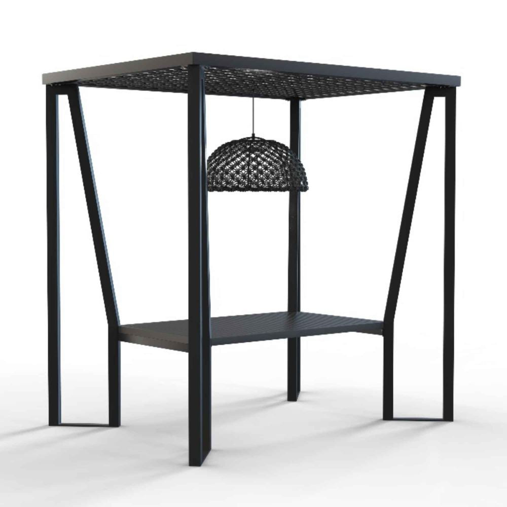 Black metal side table with a woven lampshade on a white background