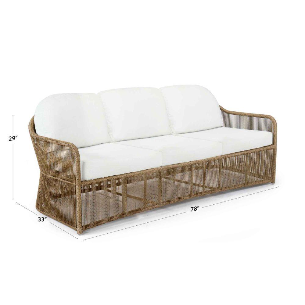 Wicker outdoor sofa with white cushions and dimensions on a white background