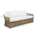 Wicker outdoor sofa with white cushions and dimensions on a white background