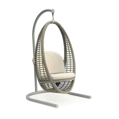 Hanging chair with beige cushion on a white background