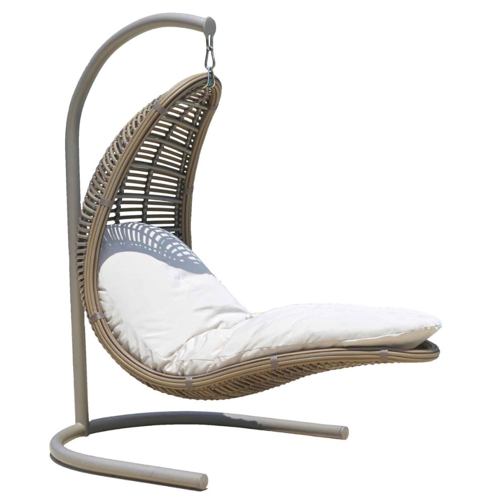 Hanging chair with a white cushion and gray frame on a white background