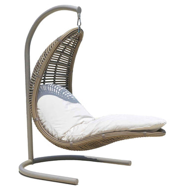Hanging chair with a white cushion and gray frame on a white background