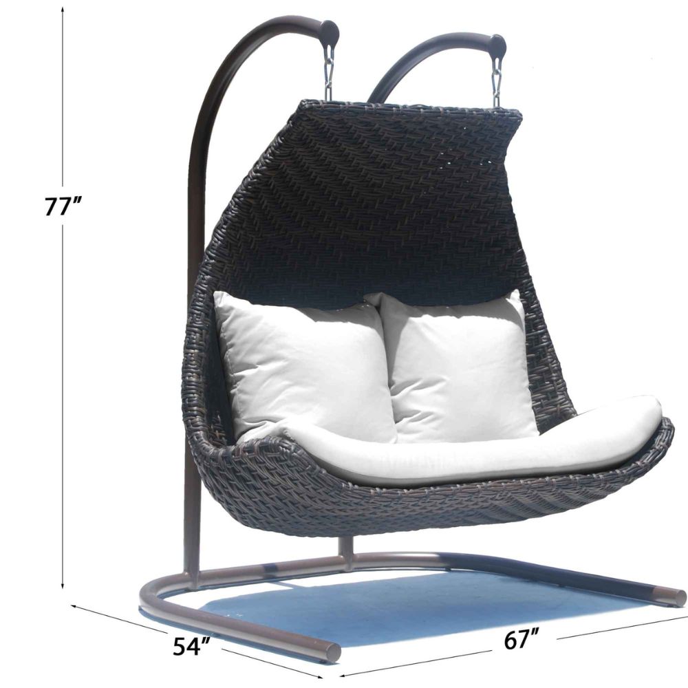 Hanging chair with dimensions labeled on a white background