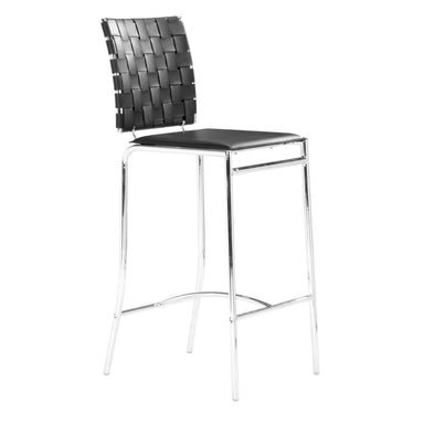 Bar stool with woven backrest and black seat on a white background