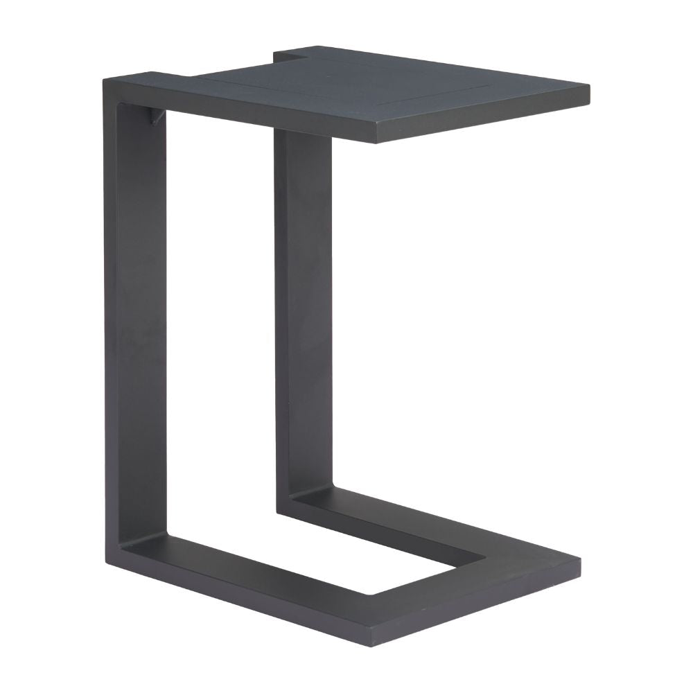 Black side table with a minimalist design on a white background
