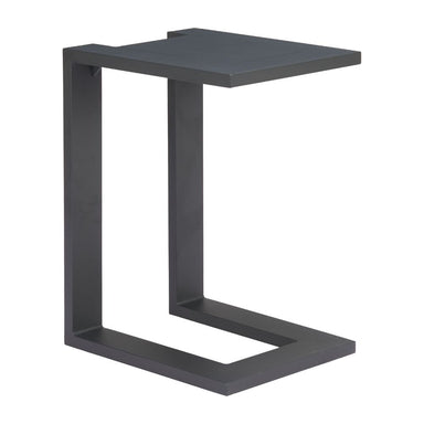 Black side table with a minimalist design on a white background