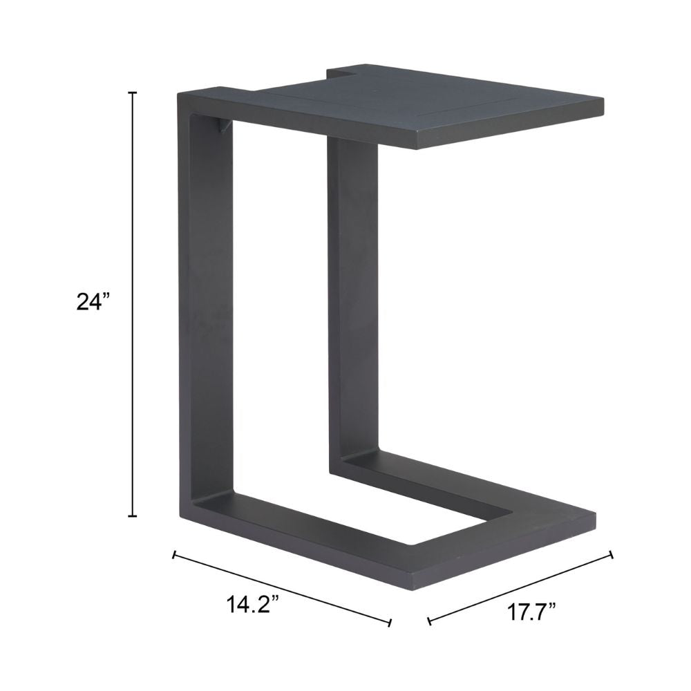 Black side table with dimensions labeled on a white background