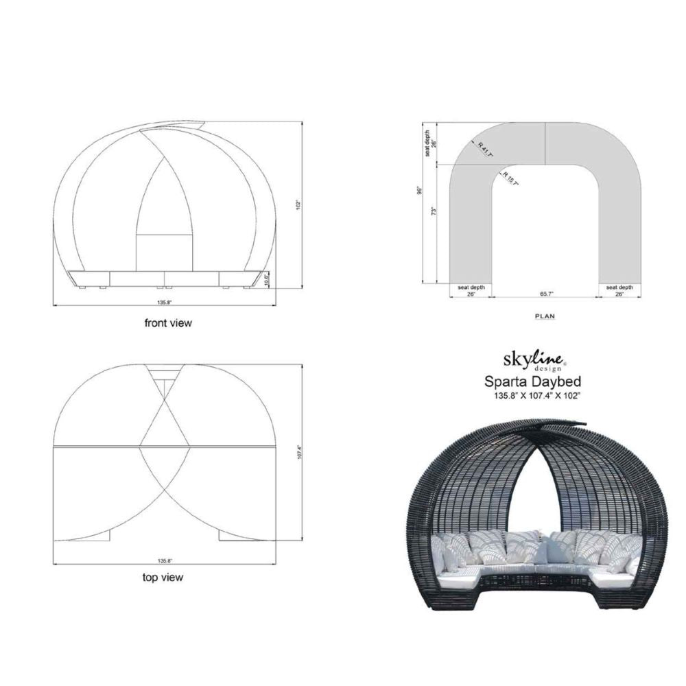 Sparta Daybed by Skyline with front, plan, and top view diagrams on a white background.