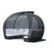 Black woven outdoor pod with white cushions on a white background