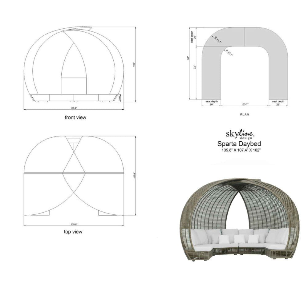 Technical drawings and Sparta Daybed model of 'skyline' brand on a white background